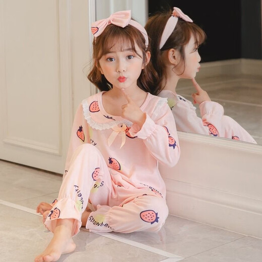 酷章（KUZHANG）儿童睡衣公主春秋季长袖套装薄款纯棉宝宝小女孩女童家居服子夏 长袖套花边英文草莓 125 16码身高-13555斤左右