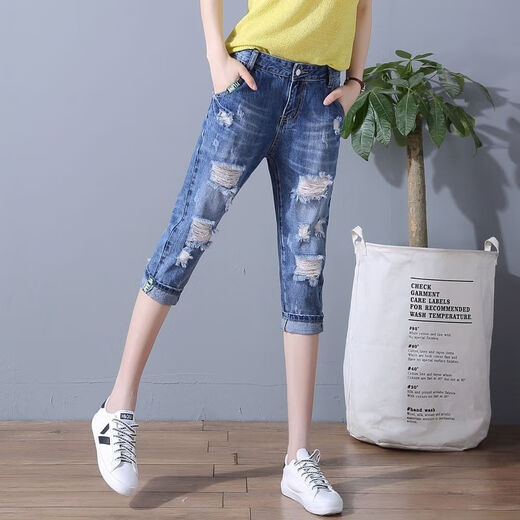 Suowanyi (Suowanyi) enge Denim-Frauen 2024 Sommer dünne Kumpelhosen für Frauen losen hohe Taillenbekleidung 7-Punkte-Hosen Koreanische Version Bettler aussehen 6630 dunkle Sieben-Punkte-Taille [elastische Taille] 26