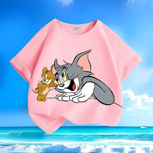 Katze und Maus Sommer Neues Cartoon-Kurzärärt-T-Shirt für Männer und Frauen, kleine und mittelgroße Kinder, reiner Baumwollrundhals, locker und vielseitig-SL Pink-Kx683 Katze und Maus, eine Größe [nur eine Größe kleiner/empfohlen, eine größere Größe zu nehmen]