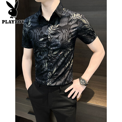 花花公子（PLAYBOY）男士花衬衫短袖夏季2025新款冰丝高级痞帅修身印花碎花衬衣男款 蓝色 9885 M 【建议115斤以内】