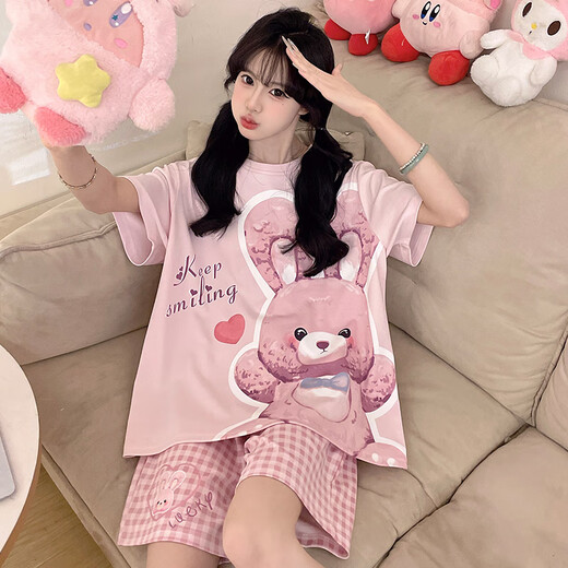 Junjunsui dimei kurzärmeligte pyjamas für Frauen im Sommer reines Baumwollshorts Anzug Anzug Cartoon Teenager Großgröße Fett MM Student Student Home Clothes Short-4001 M [Empfohlen 80-100jin [Jin gleich 0,5 kg]]]