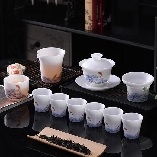 三栖虎功夫茶具套装德化素烧冰种简约盖碗茶杯主人杯整套礼盒装 9素烧冰种乘风破浪圆盖碗碗9276