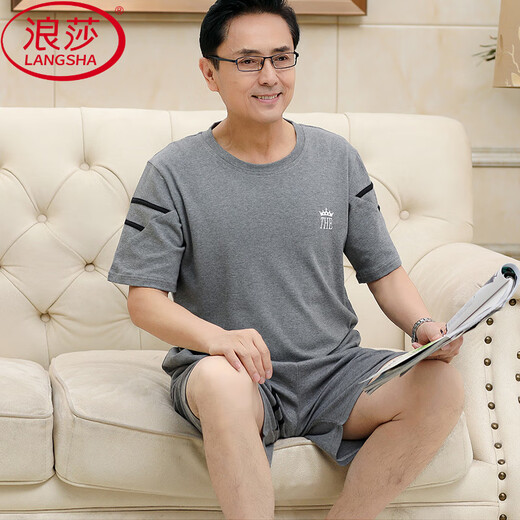 浪莎（LangSha）中老年爸爸男士纯棉睡衣夏季短袖短裤薄款老人夏天两件套装可外穿 NJR-HDE9928 L 柔软亲肤，舒适纯棉