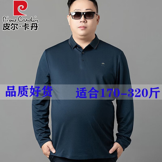 Pier Cardin New Spring and Autumn Fat Long Sleeve T-shirt Lapel Fat Man Solid Color Big Belly Dad Seamless T-shirt Plus Fat Plus Large Size 9928 Blue 2XL 185 (Jianyi 170Jin [Jin equals 0.5 kg]-190Jin [Jin equals 0.5 kg])