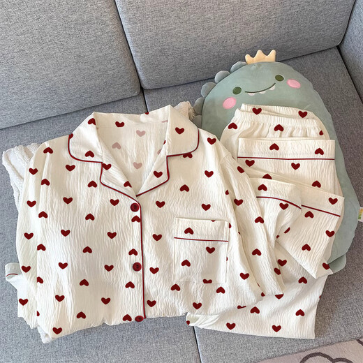 
Catman MiiOW Gentle Style Girl Love Cardigan Pajamas Can be worn outside in spring new wrinkled cloth home clothes long-sleeved suit KK3527# M [Suggested 80-100Jin [Jin equals 0.5 kg]]