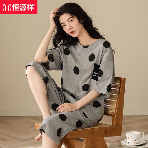 恒源祥睡衣女款夏季纯棉短袖七分裤全棉圆点可外穿女士家居服妈妈居家 9854 【纯棉】 M 建议80-100斤穿