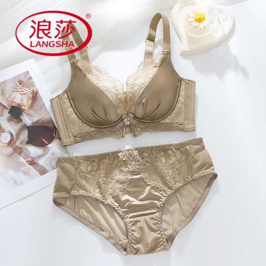 LangSha (LangSha) set of underwear for women push-up leopard print super thick 8cm sexy lace wire-free bra four-breasted adjustable brown gray suit 75A 34B