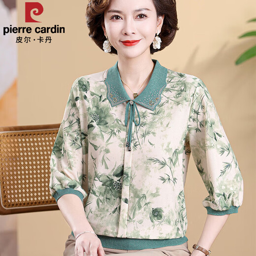 皮尔卡丹（pierre cardin）妈妈装春季翻领针织中长袖冰丝T恤中老年女装春夏季新款碎花上衣 粉红色702 M 建议(85-105斤)