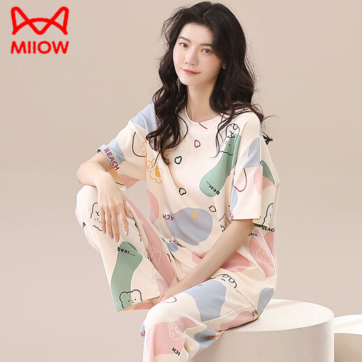 Catman (MiiOW) pure cotton pajamas for women in summer new large-size short-sleeved trousers spring and autumn summer women's home clothes thin two-piece set ZH-9721 M