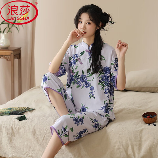 浪莎（LangSha）夏季国风短袖睡衣套装家居服棉新中式夏天七分裤可外穿女休闲薄款 Y9902 M