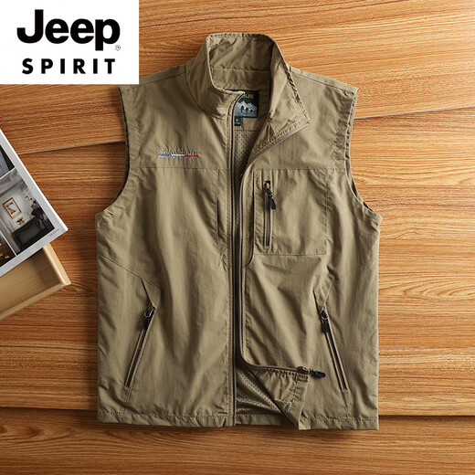 JEEP SPIRIT American functional multi-bag vest spring and autumn quick-drying vest outdoor windproof stand collar vest loose large-size sleeveless jacket gray 6XL
