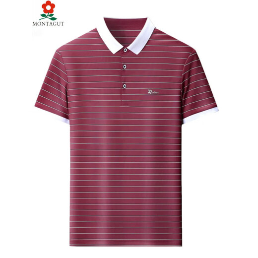 Camiseta de manga corta para hombres Montagut Mulberry Silkworm. Silk Summer Lapel Casual Striped Daddy's Polo Shirt 691 Jujube Red One Size 165/84a