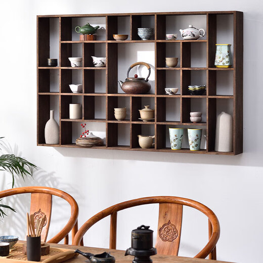 Él Jiangongbo estante antiguo de madera maciza pared china pared pared de madera sólida duobaoge taza de té tetera juego de té juego de almacenamiento de almacenamiento de pared especial 4839 gran tamaño tamaño gran tamaño