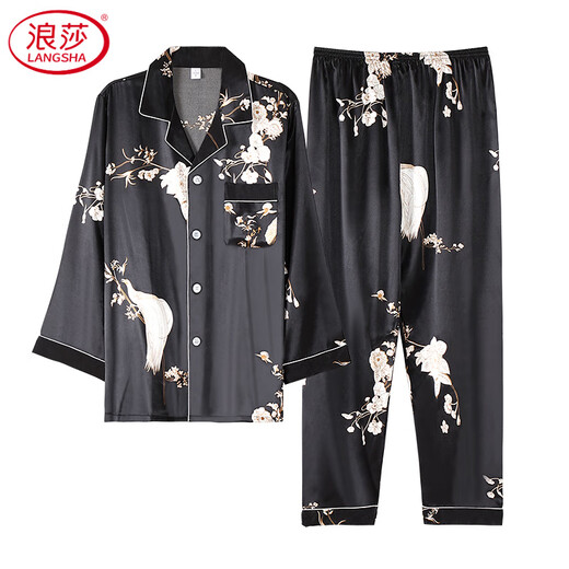 浪莎（LangSha）桑蚕丝男士睡衣夏季丝绸长袖家居服夏天黑色薄款真丝宽松大码套装 6628  L