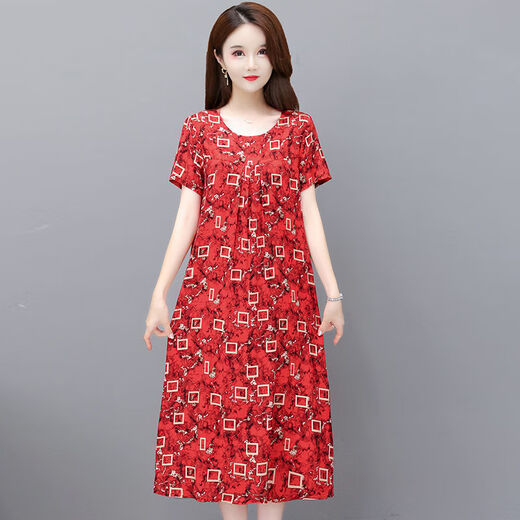 索宛亦（SUOWANYI）2025夏季新款短袖中年妈妈棉绸连衣裙女大码女装碎花洋气大摆长裙 9923款1号 XL