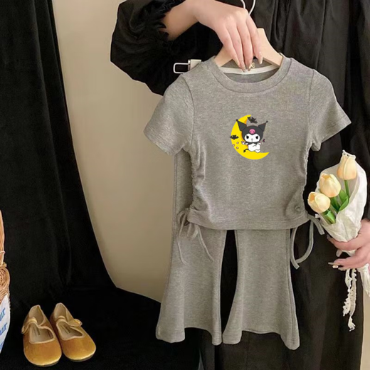 Yuan Pingying Girl Baby Mode Cartoon bedruckte Eisseide Zweiteiler Anzug Kindermodus Modeanzug runder Nackenkordelanzug Anzug Gray Girl G686 110