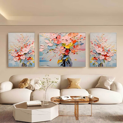 Peach Beauty Creme Blume Wohnzimmer Dekoration Gemälde Textur Triptychofa Hintergrund Wand Zusammenfassung Hängende Malerei Moderne einfache Wandveränderung 3890 Nektar-C [Standard goldbürstete Aluminium-Legierungsrahmen] Medium 70*50 Seiten 35*50 [Textilkristallporzellanstrich]