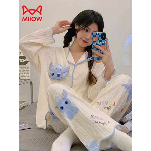 
MIIOW KING Catman Elvis pure cotton pajamas for women Spring and Autumn New Long Sleeve Trousers Loose Cardigan Sweet Cartoon Cute Home Clothing Set 9207 Dingdang Cat M [Suggested 80-100Jin [Jin equals 0.5 kg]]