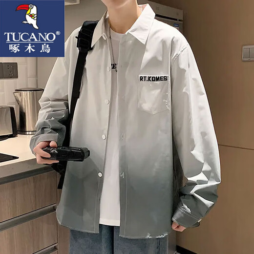 
Woodpecker gradient color shirt men's long-sleeved spring and summer thin trendy lapel free iron loose casual top men's shirt jacket G30 white XL