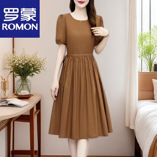 罗蒙（ROMON）气质棉麻连衣裙宽松2025夏季新款韩版收腰显瘦时尚中长款裙子 经典黑色 XL 116-125斤
