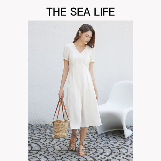 THE SEA LIFE连衣裙女欧海一生 法式V领连衣裙女2025夏新款收腰中长裙200039 山茶白 S