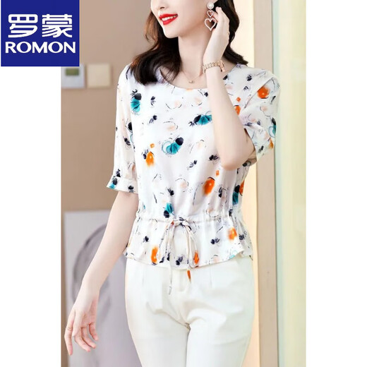 Romon Silk Shirt para mujeres en un nuevo estilo de verano de manga corta, camiseta de camiseta de seda de mulberry de manilla de manga corta que reduce la edad.