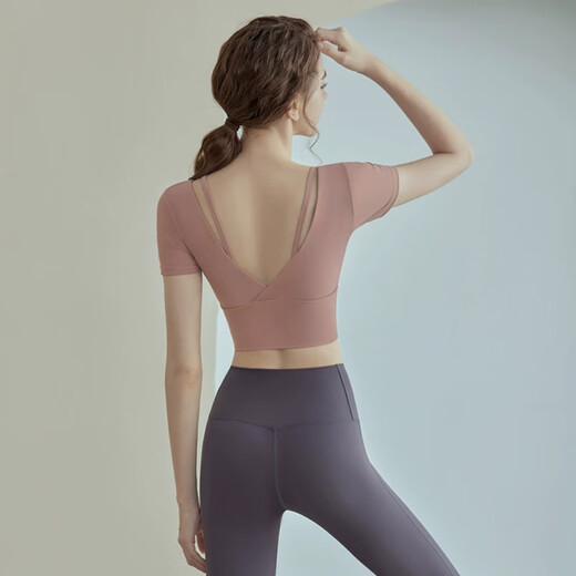 Bright dipped yoga tops for women with chest pads solid color short-sleeved professional Pilates sports T-shirts slim running training fitness clothes purple fixed cup M