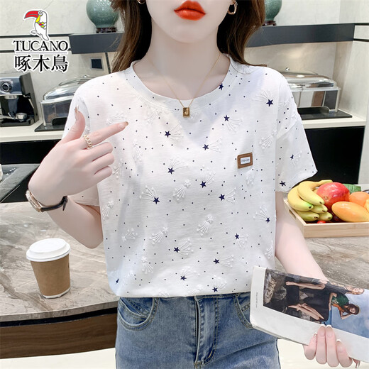 啄木鸟纯棉宽松印花T恤女潮夏装新款百搭体恤上衣 1396白色+5002粉色花 XL 适合120-134斤