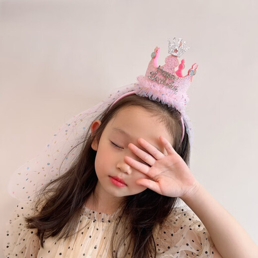 Bo Naling headband ins princess style crown veil birthday hat shiny cute crown hairpin girl veil hair accessories crown veil princess headband pink