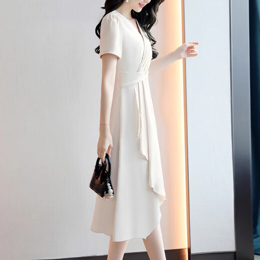 
XAE luxury high-end brand short-sleeved dress for women 2025 summer new V-neck temperament solid color versatile slim skirt beige L [Suggested 105-115Jin [Jin equals 0.5 kg]]