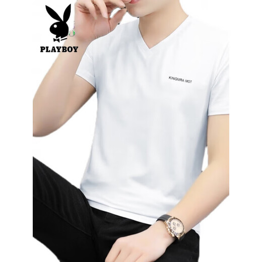 Playboy (Playboy) Camiseta de manga corta con cuello en V para hombres 2025 Spring and Autumn New Summer Fashionable Fashionable All-Match Slim White White White 691 M 90-115Jin [Jin equivale a 0.5 kg]