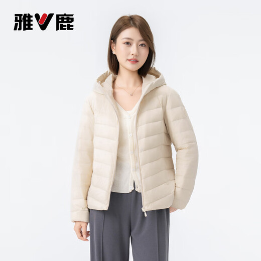 Yalu Down Jacket Women's Lightweight Autumn Down Hooded Simple Solid Color Slim Fit Warm Short Jacket Off-White 170