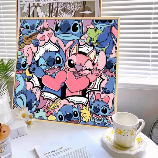 三栖虎数字油画diy填充手工填色油彩画史迪奇手绘卡通丙烯装饰画 qx12172 20*20cm加厚内框
