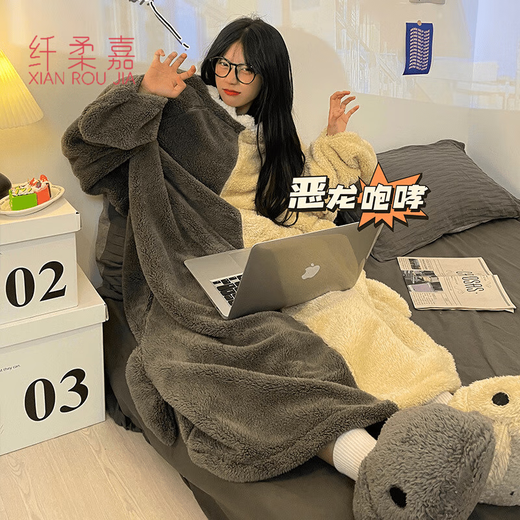 纤柔嘉搞怪情侣连体睡衣男女冬季加厚加绒珊瑚绒长款加大码搞怪睡裙睡袍 4840灰白鲨鱼单袍 M