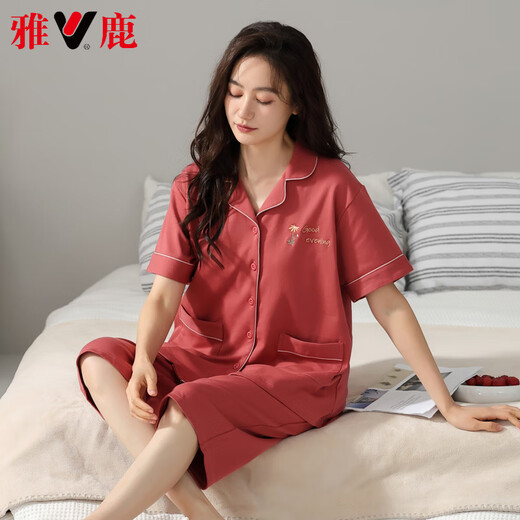 雅鹿轻奢新款睡衣女夏季薄款纯棉短袖七分裤家居服女士夏天可外穿套装 9898 2XL 【140-160斤】