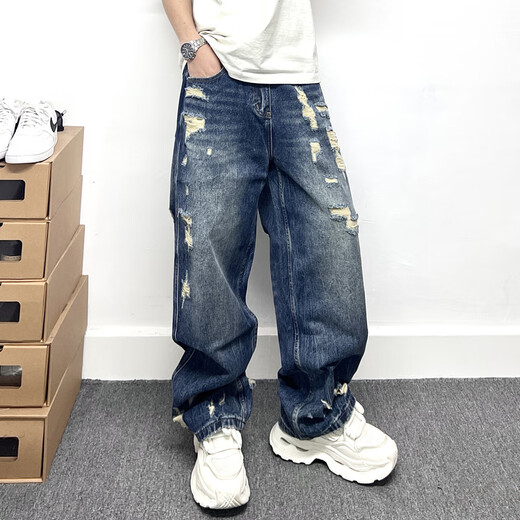Smyslenny轻奢侈新品牌美式高街棉牛仔裤男士宽松直筒阔腿破洞蓝色水洗潮牌 蓝色_H3892 M _125-140斤