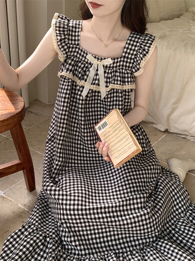 带胸垫睡裙女士夏季小飞袖甜美性感黑色格子中长款吊带睡衣裙 9905#黑格【带可拆胸垫】 2XL