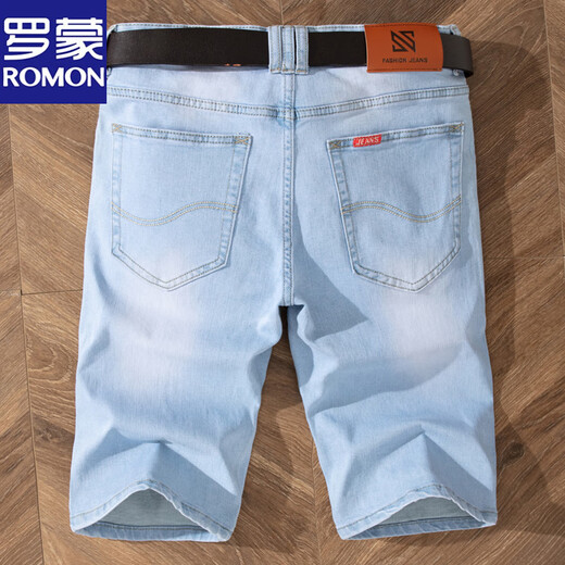 
Lomon summer thin men's slim blue and white denim shorts men's grinding white 5-point pants mid-trousers breeches jeans trend 9921-5 retro blue 28