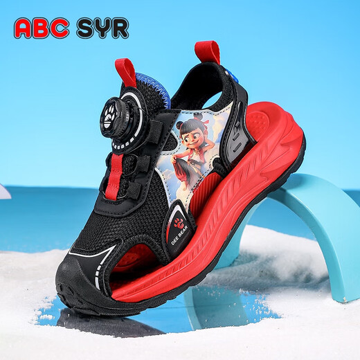 ABCSYR New Summer Nezha Boys Sandals Bag Toe Anti-collision Anti-slip Breathable Outdoor Cartoon Beach Shoes SK983 Black and Red 35 Inner Length 22.2CM