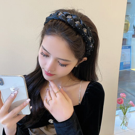 Kamalun (KAMALUN) light luxury and high-end headband for women 2025 new spring and summer wide-brimmed face wash non-slip headband high skull headband hair accessories black braided sparkling diamond headband