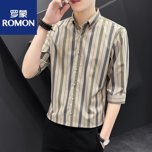 ROMON (ROMON) Camisa de manga de 7 cuartos camisa de manga de manga corta de manga corta para hombres, camisa de rayas a media manga delgada de manga, a la mano guapda de manga media 679 W blanco M