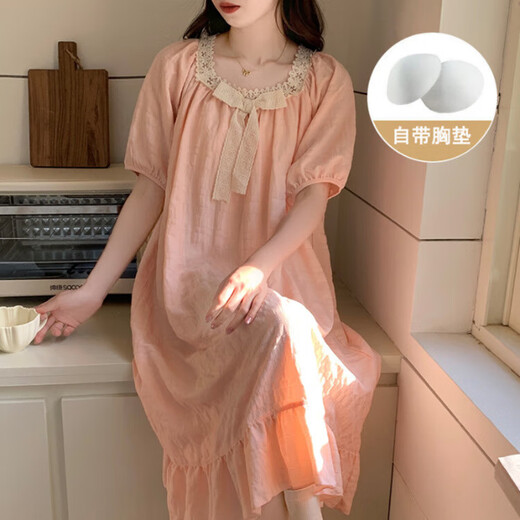 Charge de nuit à manches courtes avec poitrine nuage de coton de couleur solide pyjamas pour femmes en été sweet princess style et peut être porté à l'extérieur des vêtements de maison y671 # abricot m