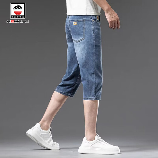 AEMAPE/美国苹果 天丝牛仔裤男2025夏季薄款宽松直筒休闲冰丝七分裤男 757冰灰蓝色 34 【腰围2尺7适合160斤左右】