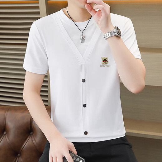 
Septwolves Septwolves 2025 new fake two-piece short-sleeved shirt for men Korean slim-fit brand casual solid color round neck summer base q6623 white M 90-105Jin [Jin equals 0.5 kg]