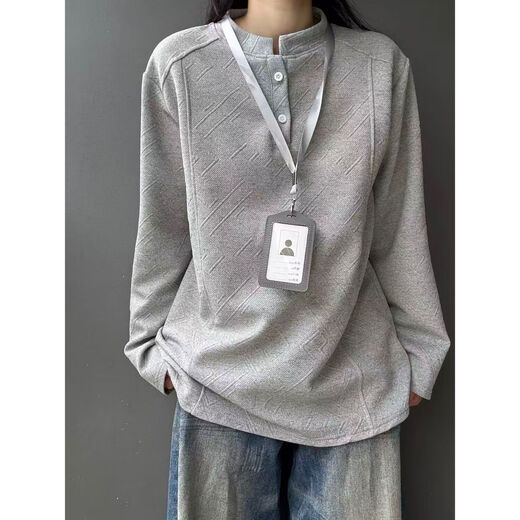 JNWZ American trendy brand deconstructed splicing design long-sleeved right shoulder Henley collar autumn and winter velvet POLO shirt men's gray M