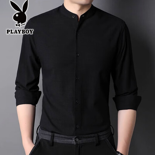 
Playboy solid color stand collar mercerated cotton shirt men's 2025 spring and autumn long-sleeved shirt casual inner Chinese collar inch shirt thin 9930 style rose red XL 180