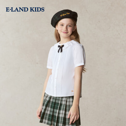 E LAND KIDS 100% cotton children's clothing girls' shirt spring and summer new pleated lapel short-sleeved Ivory ivory/39 130