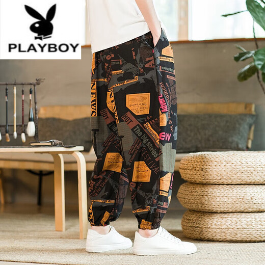Playboy (PLAYBOY) linen summer men's printed bloomers loose trousers nine-point harem casual pants large size wind flower pants K299 Thai style blue 2XL [recommended 160-170Jin [Jin equals 0.5 kg]]