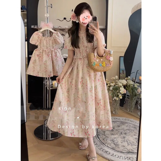Xiya Meng Madre e hija Patern-Child Summer Vestido 2025 Diferentes estilos nuevos de la calle Fried Floral Descreence Falda de manga de hojaldre Pink Size S-Sugerion -10Jin [Jin equivale a 0,5 kg]] 95