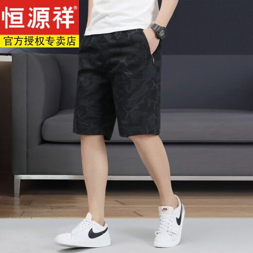 恒源祥印花纯棉短裤男士中裤潮流夏季休闲拉链口袋宽松五分裤薄款大裤衩 6626-黑色-纯棉 L 建议90-110斤/28-29码